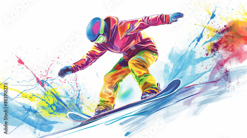 Snowboarder in a colorful outfit, vector illustration on a white background