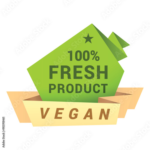 Vegan fresh product folded paper label poster design template vector isometric illustration
