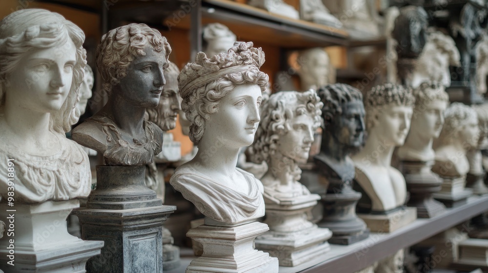 A Row of Classic Sculptures on Shelves A Row of Classic Sculptures on Shelves