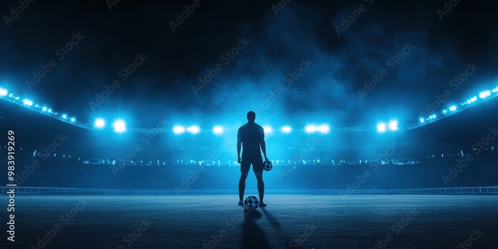 A dramatic scene of a lone soccer player standing in the middle of an illuminated stadium at night A dramatic scene of a lone soccer player standing in the middle of an illuminated stadium at night