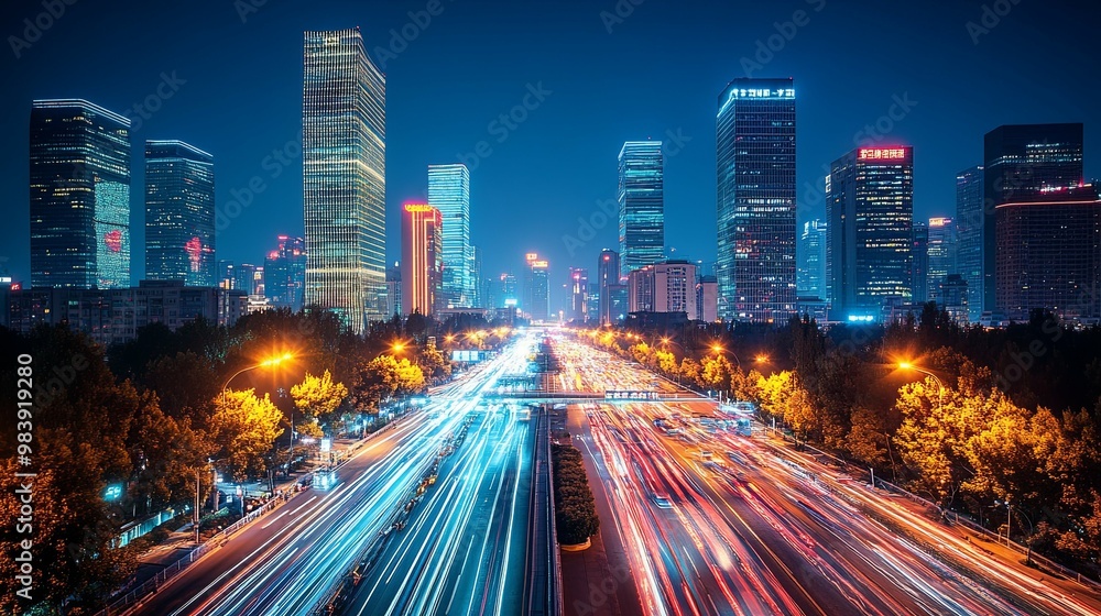 Fototapeta premium Nighttime Cityscape with Traffic Trails and Skyscrapers