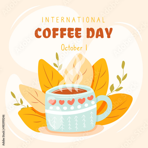 International Coffee Day card with cute mug and autumn leaves. Hand drawn vector illustration in flat cartoon style. Perfect for social media, square card, banner, poster, flyer and so on