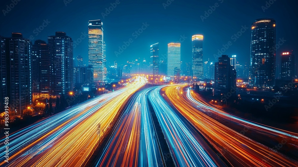 Fototapeta premium Nighttime Cityscape with Light Trails on a Highway