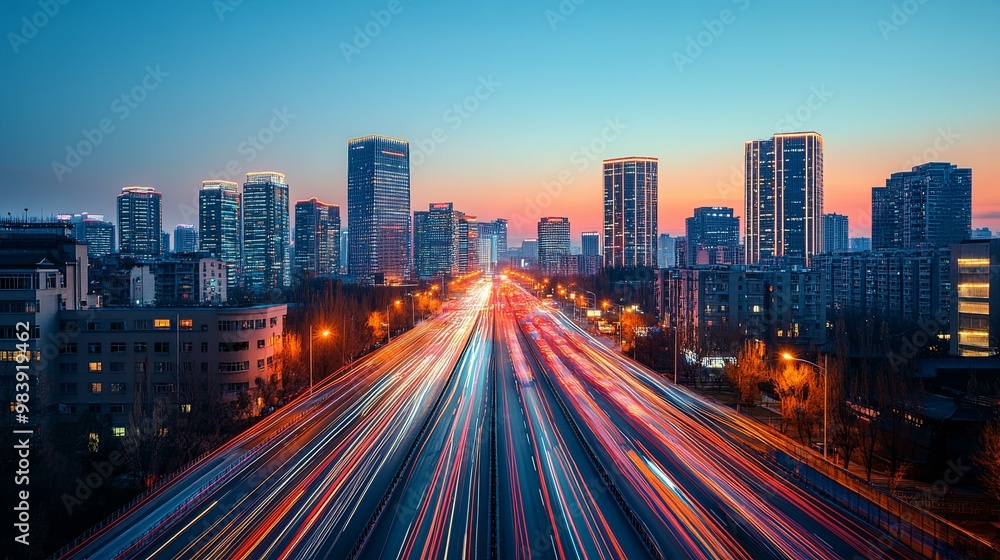 Cityscape with Traffic Light Trails at Dusk Cityscape with Traffic Light Trails at Dusk