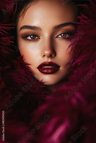 Close-up Portrait of a Woman with Dark Hair and Red Lips, Partially Obscured by a Burgundy Feather Boa