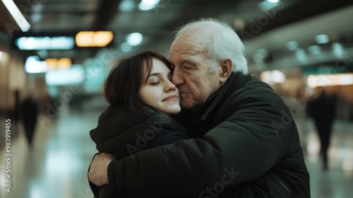 Heartwarming reunion: elderly man embraces young woman in airport terminal