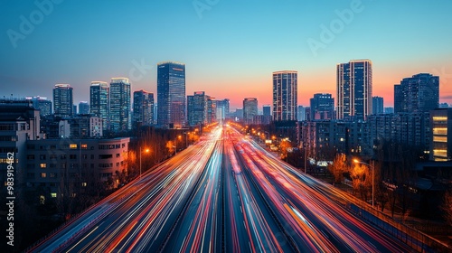 Cityscape with Traffic Light Trails at Dusk