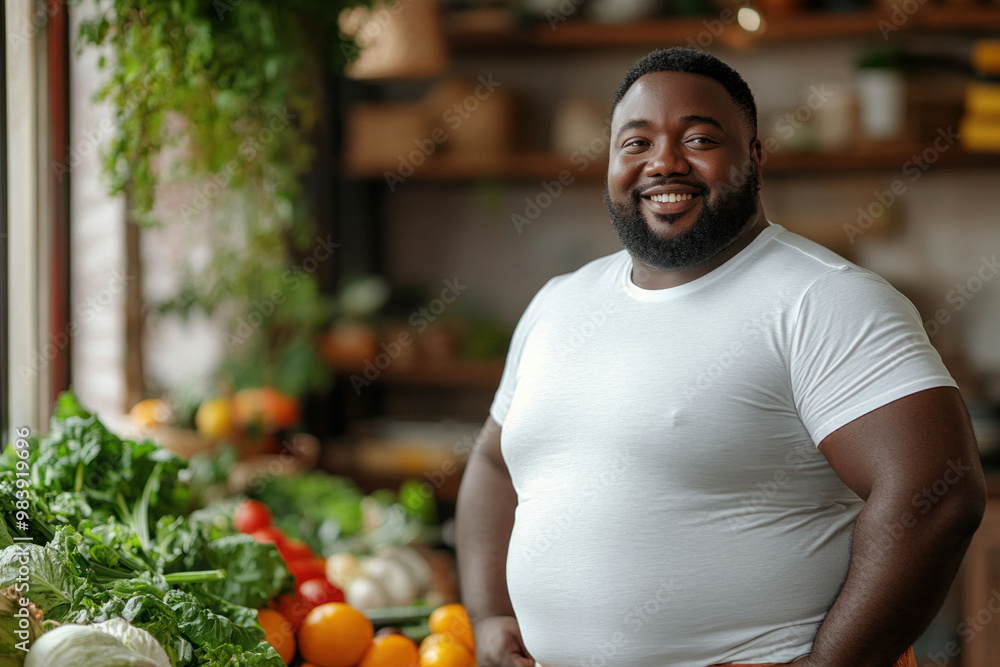 Smiling man enjoying fresh vegetables in cozy kitchen Smiling man enjoying fresh vegetables in cozy kitchen