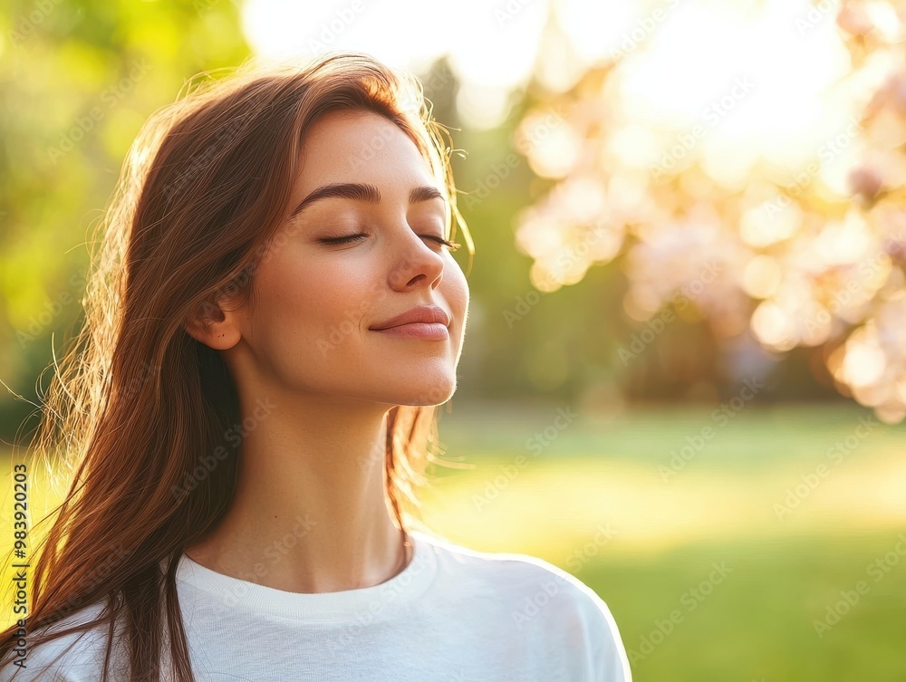 A serene woman enjoying nature, basking in sunlight with closed eyes, representing peace and tranquility in a beautiful outdoor setting. A serene woman enjoying nature, basking in sunlight with closed eyes, representing peace and tranquility in a beautiful outdoor setting.