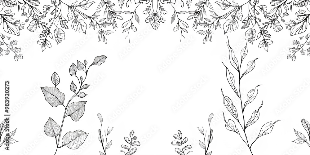 Fototapeta premium trees leaves branches stems frame line drawing white background