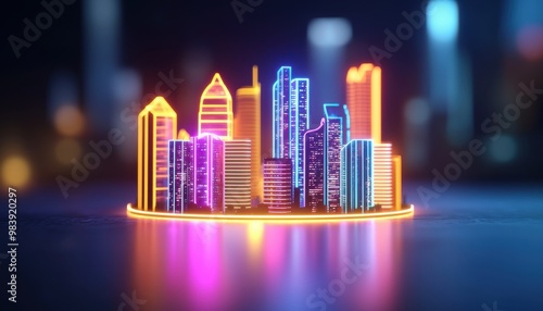 A vibrant city skyline illuminated with neon colors, showcasing modern architecture and a lively urban atmosphere.