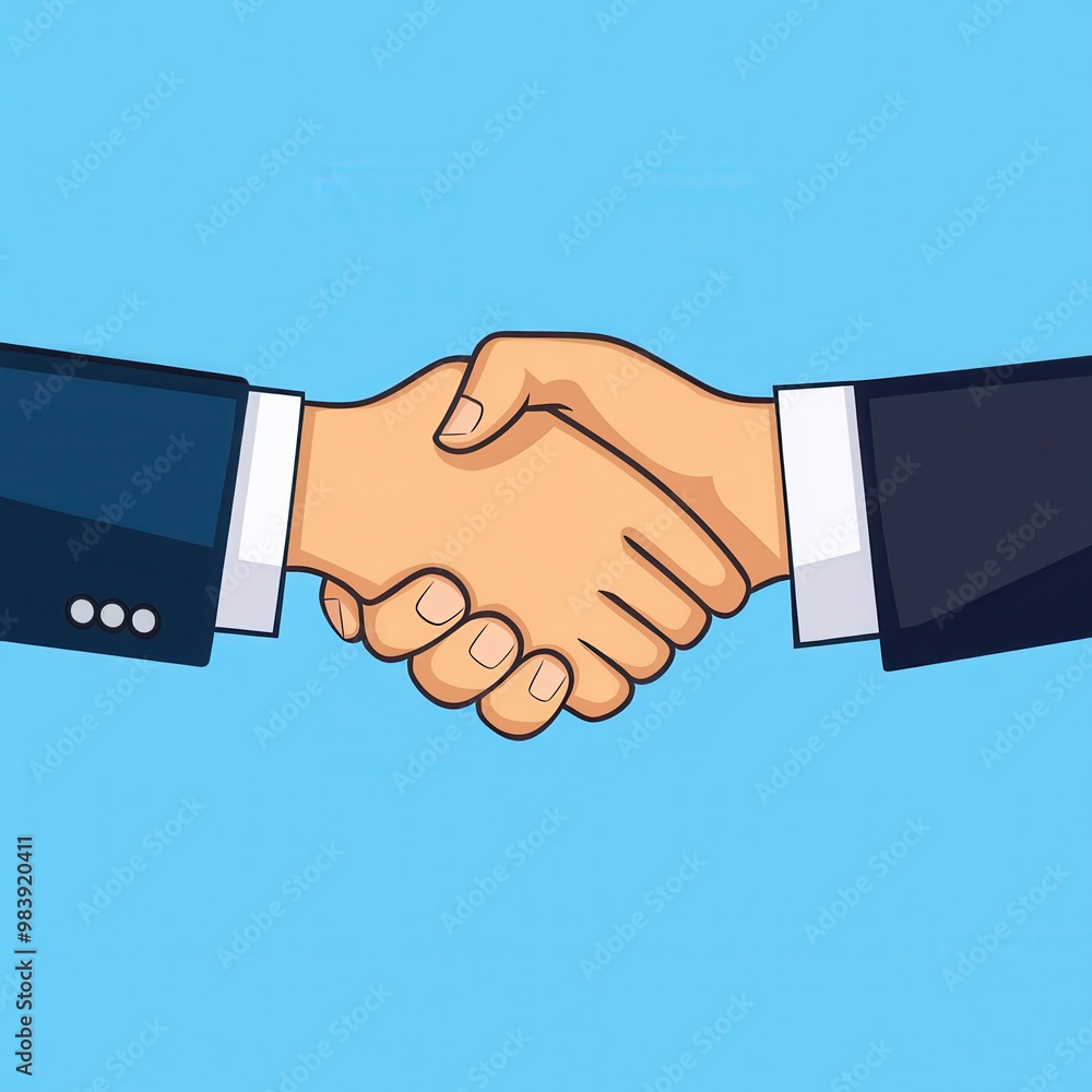 Illustration of a handshake between two business professionals, symbolizing agreement and partnership on a blue background. Illustration of a handshake between two business professionals, symbolizing agreement and partnership on a blue background.