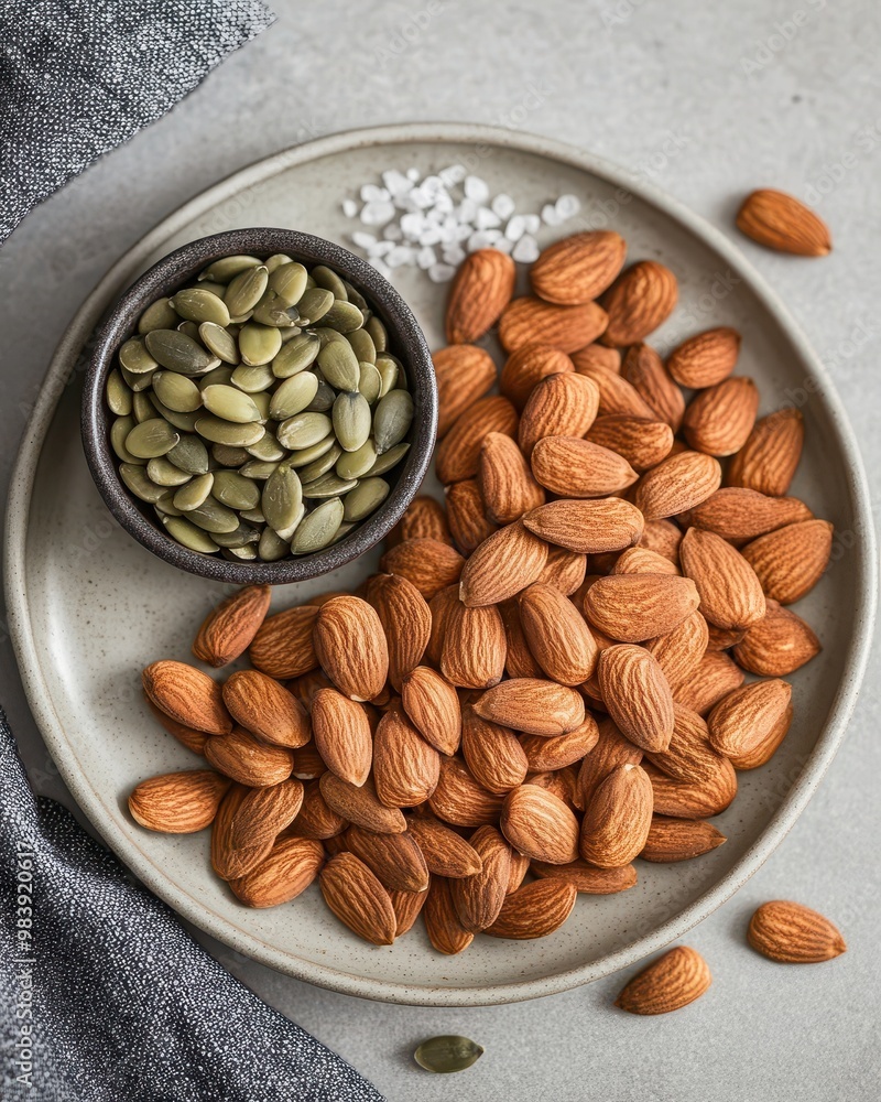 A plate with almonds and pumpkin seeds, accompanied by salt, showcasing healthy snacks. A plate with almonds and pumpkin seeds, accompanied by salt, showcasing healthy snacks.