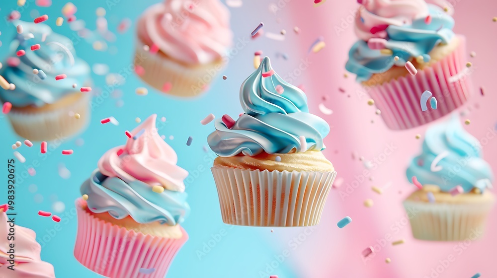 Several cupcakes in flight and falling over a background of pastel pink and blue