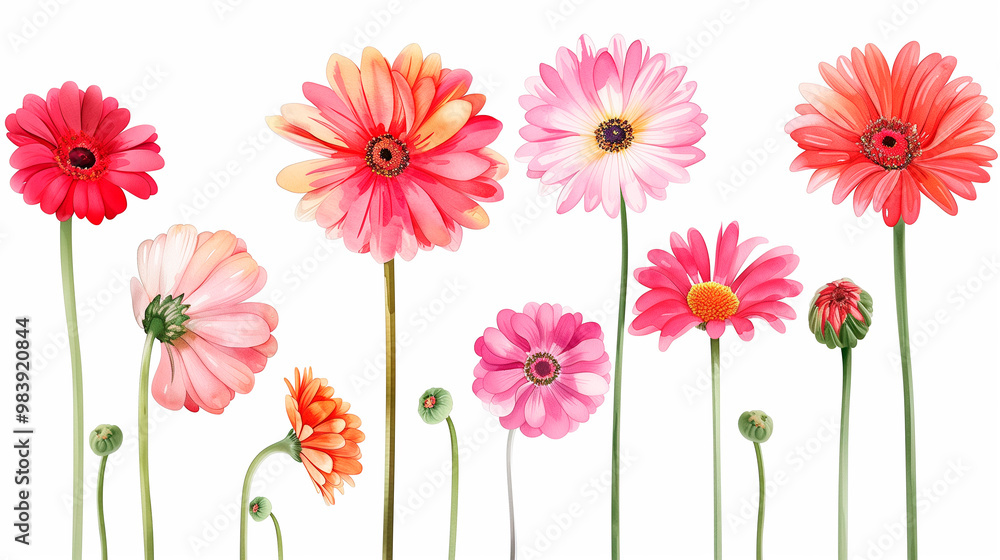 Obraz premium Watercolor clipart with flowers, gerbera and daisy in bright and cheerful colors.