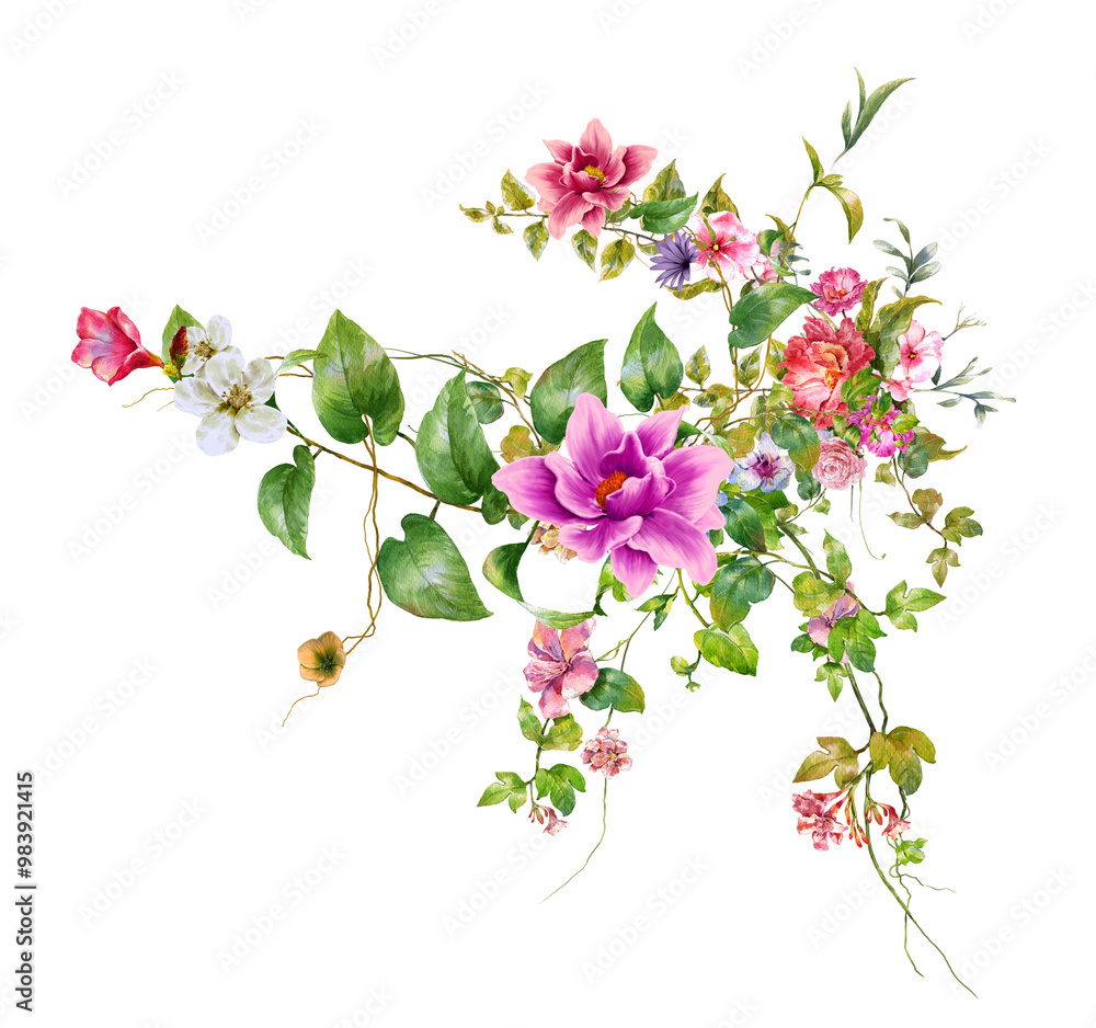 Fototapeta premium watercolor painting of leaves and flower, on white background