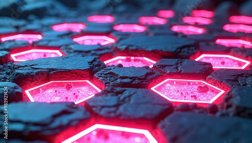 Glowing hexagonal rock tiles with cyberpunk colors and circuitry photo