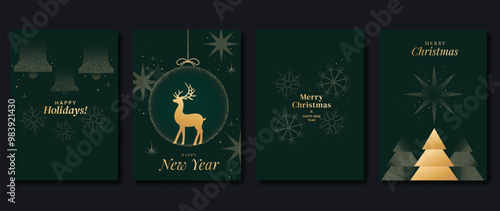 Luxury christmas invitation card art deco design vector. Christmas bauble ball, reindeer, bell, tree in spot texture on green background. Design illustration for cover, poster, greeting card.