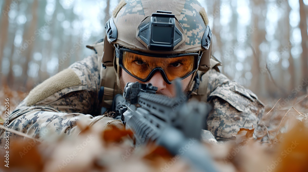 Airsoft skirmish player in tactical gear, crouched behind cover, intense focus on the action, vibrant battlefield environment, dynamic movement Airsoft skirmish player in tactical gear, crouched behind cover, intense focus on the action, vibrant battlefield environment, dynamic movement
