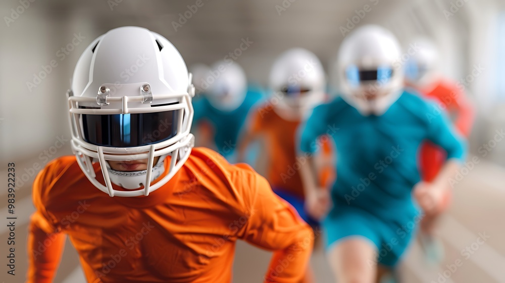 American Football Player in Helmet and Uniform Running with Teammates American Football Player in Helmet and Uniform Running with Teammates
