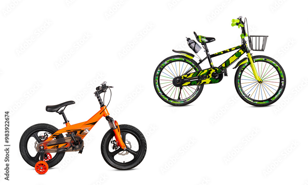 Orange and green children's bicycle isolated on white background Orange and green children's bicycle isolated on white background