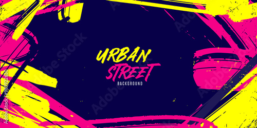 Vibrant Urban Street Background with Neon Yellow and Pink Paint Splashes in a Graffiti Style. Abstract Sporty Background with Brush Strokes and Grunge Texture Design Elements