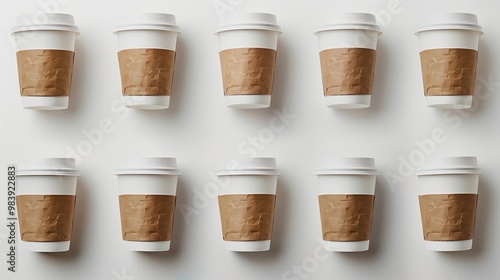 Organized mockup compilation of medium-sized takeaway craft cups aligned in rows on a white background, featuring designated areas for personalized coffee packaging concepts.