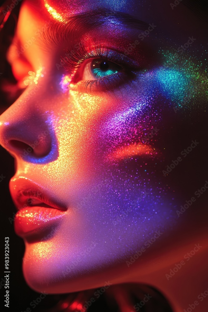 Close-up of a woman's face covered in colorful glitter under bright lights