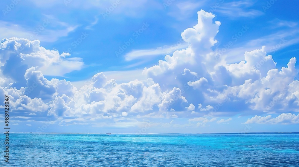 A beautiful scene of the blue ocean against the blue sky background. The ocean stretches out as far as the eye can see, with its surface glistening in the sunlight A beautiful scene of the blue ocean against the blue sky background. The ocean stretches out as far as the eye can see, with its surface glistening in the sunlight