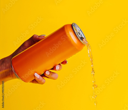 Woman holding spilling orange aluminum can on yellow background photo