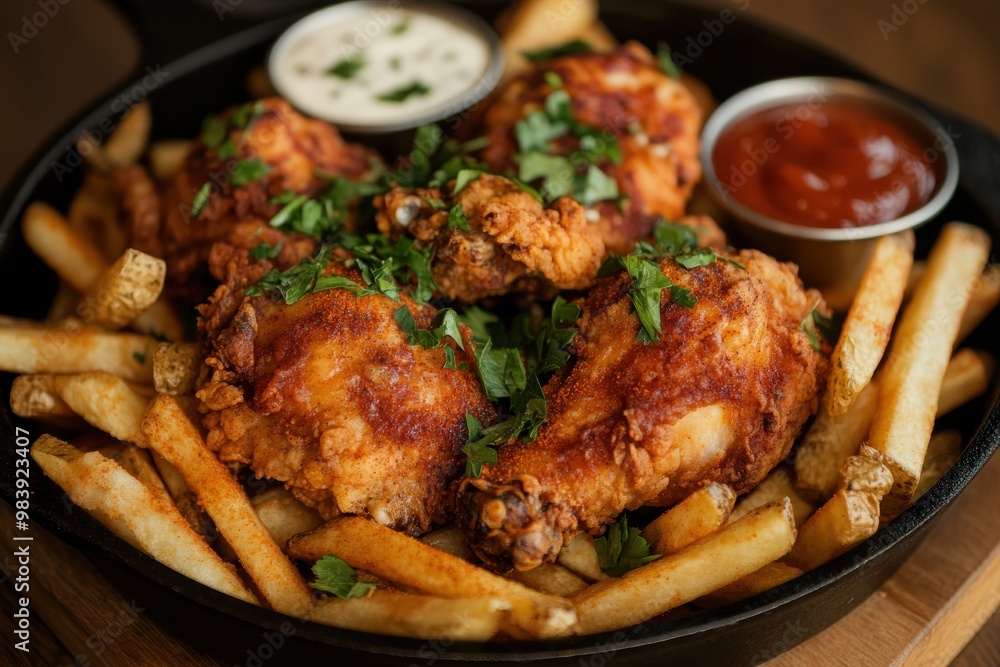 Fototapeta premium A hearty dish of crispy fried chicken with fries, surrounded by fresh parsley and spices