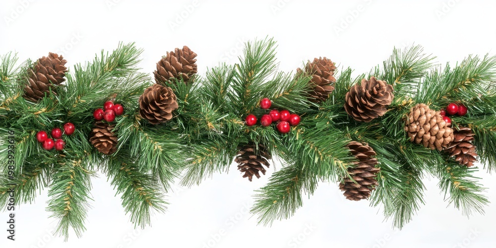 A horizontal garland made of lush, vibrant green pine branches A horizontal garland made of lush, vibrant green pine branches