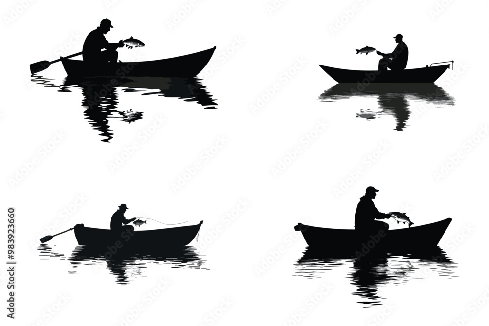 Fisherman vector silhouettes, Set of silhouette fisherman. Collection of fishing man on the waves and of the boat Fisherman vector silhouettes, Set of silhouette fisherman. Collection of fishing man on the waves and of the boat