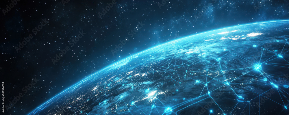 Obraz premium Global digital ecosystem featuring worldwide connectivity illustrated on wide banner format