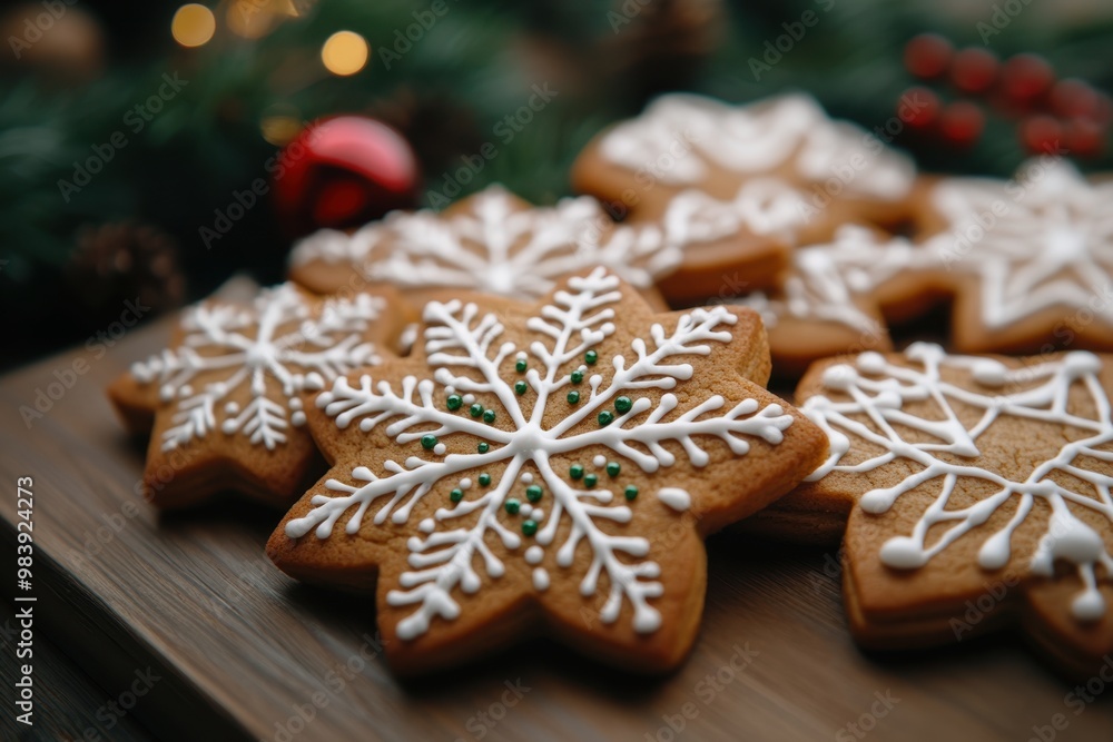 A close-up of gingerbread cookies with intricate designs, arranged on an elegant wooden table. The cookie shapes include snowflakes and stars A close-up of gingerbread cookies with intricate designs, arranged on an elegant wooden table. The cookie shapes include snowflakes and stars