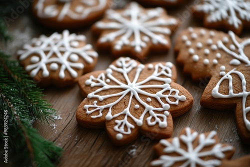 Close-up of gingerbread cookies decorated with icing and snowflakes, arranged on an old wooden table. The focus is sharp to capture the intricate designs and textures in each cookie. 