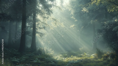 A misty fir forest with sunlight and vibrant ferns invites wanderers into a dreamlike scene.