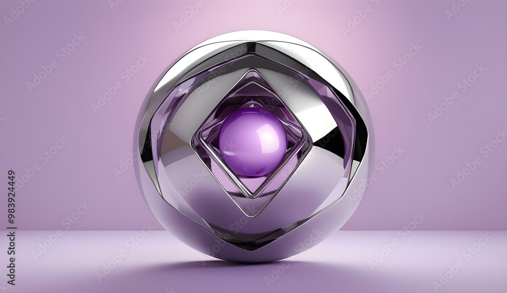A abstract futuristic object with features a shiny, metallic silver chrome sphere, a central translucent purple orb encased in a diamond shaped frame, like sci-fi design on a light violet background. A abstract futuristic object with features a shiny, metallic silver chrome sphere, a central translucent purple orb encased in a diamond shaped frame, like sci-fi design on a light violet background.