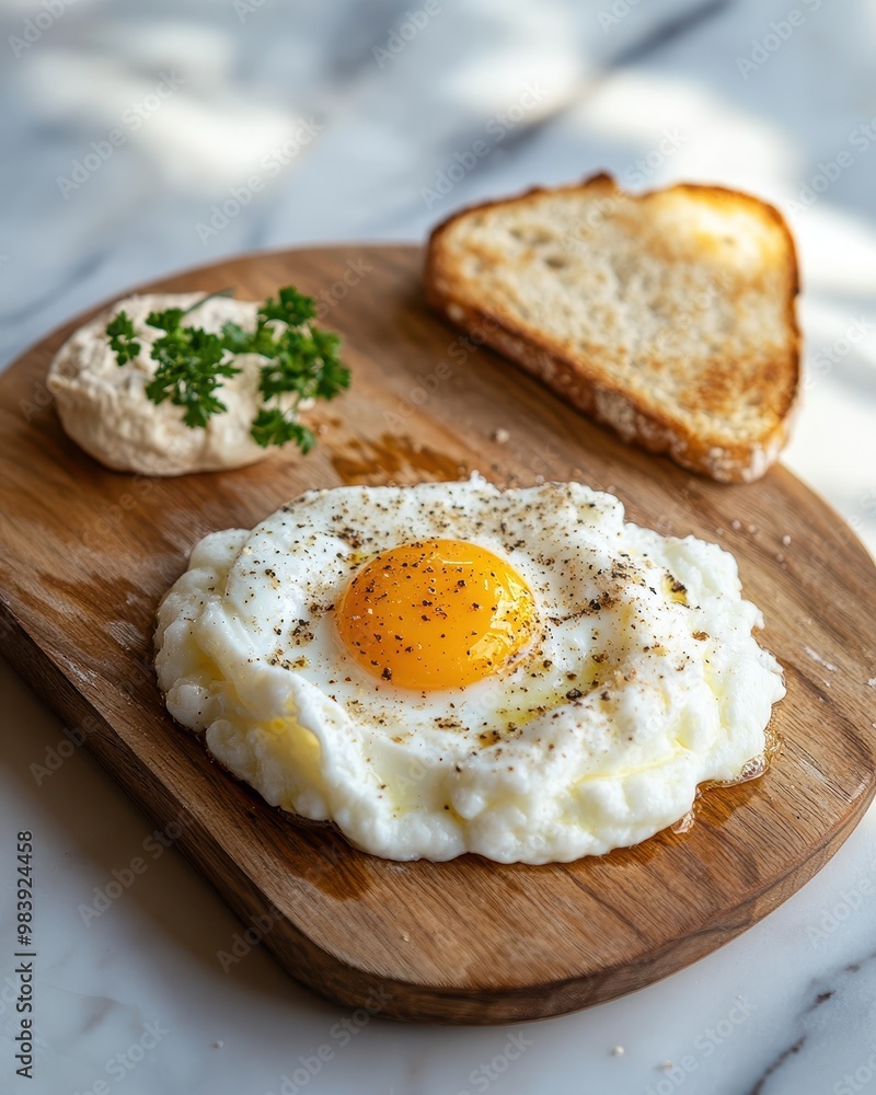 A plated breakfast featuring a fried egg, toast, and a side of hummus garnished with herbs. A plated breakfast featuring a fried egg, toast, and a side of hummus garnished with herbs.