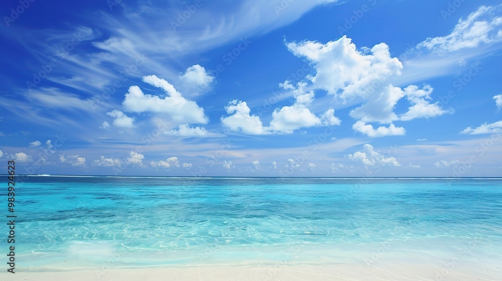 A beautiful scene of the blue ocean against the blue sky background. The ocean stretches out as far as the eye can see, with its surface glistening in the sunlight A beautiful scene of the blue ocean against the blue sky background. The ocean stretches out as far as the eye can see, with its surface glistening in the sunlight