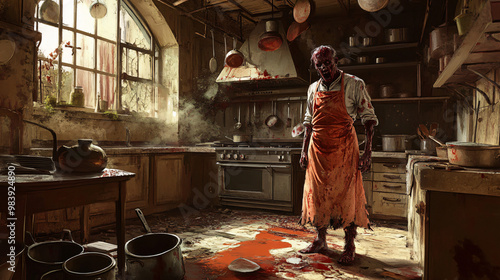 A zombie chef in a bloodstained apron, standing in an abandoned kitchen filled with overturned pots and pans. photo