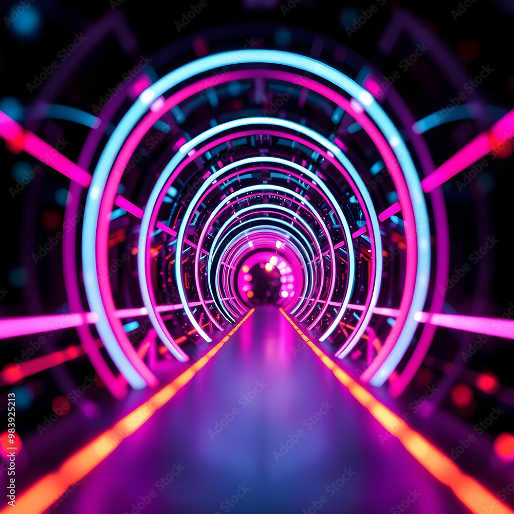 Abstract Portal Tunnel With Neon Lights And Bokeh Effects Abstract Portal Tunnel With Neon Lights And Bokeh Effects