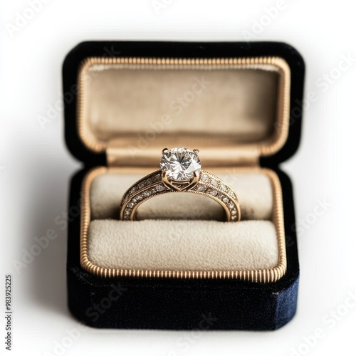 A close-up of a diamond ring in a velvet box, isolated on a white background, with intricate details highlighted