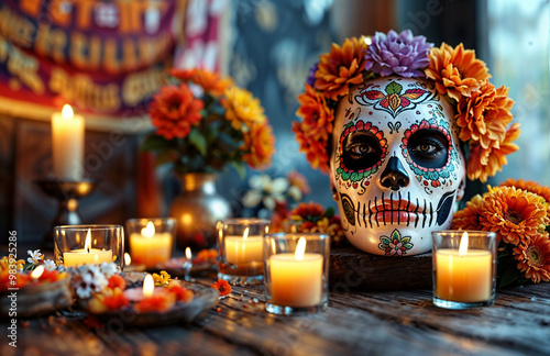 Day of the Dead sugar skull with flowers and candles on wooden background.