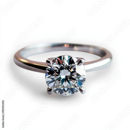 A close-up of a solitaire diamond ring, perfectly isolated on a white background to emphasize its clarity and sparkle