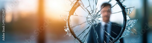 A businessman stands behind a broken glass, symbolizing challenges and resilience in the corporate world.