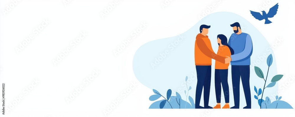 A family portrait depicting love and connection, showcasing a harmonious moment among three individuals against a soft backdrop. A family portrait depicting love and connection, showcasing a harmonious moment among three individuals against a soft backdrop.