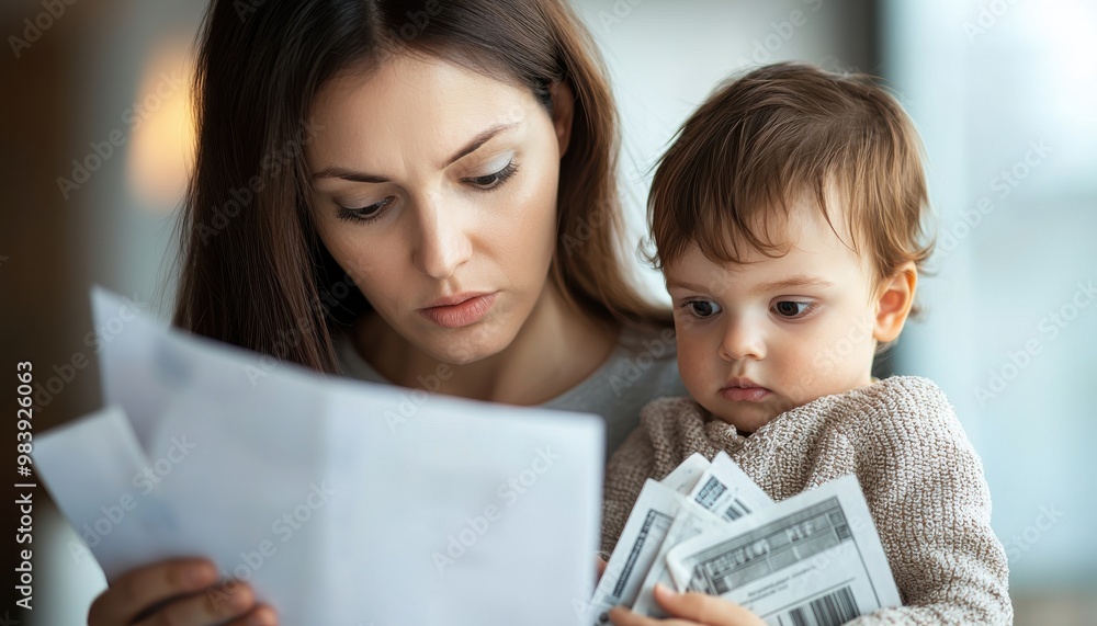 A focused mother examines important documents while holding her child, capturing a moment of parental responsibility and care. A focused mother examines important documents while holding her child, capturing a moment of parental responsibility and care.