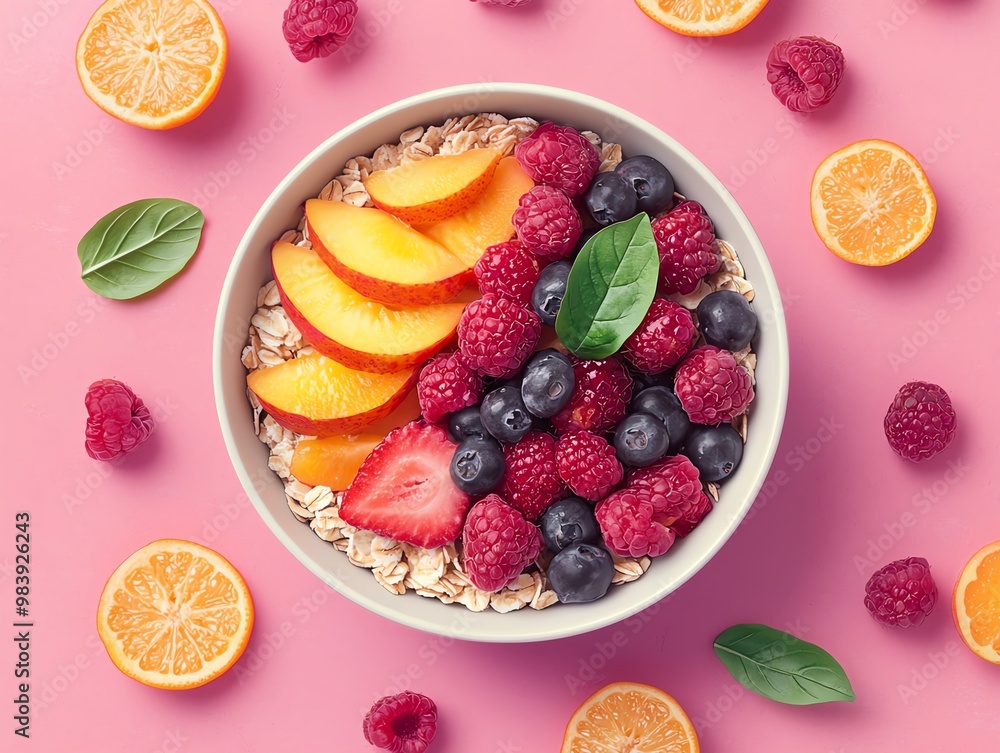 Organic oatmeal, in a bowl with fresh fruits, 3D illustration Organic oatmeal, in a bowl with fresh fruits, 3D illustration