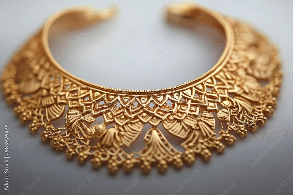 A detailed gold necklace displayed on a white background, the intricate design showcased clearly A detailed gold necklace displayed on a white background, the intricate design showcased clearly